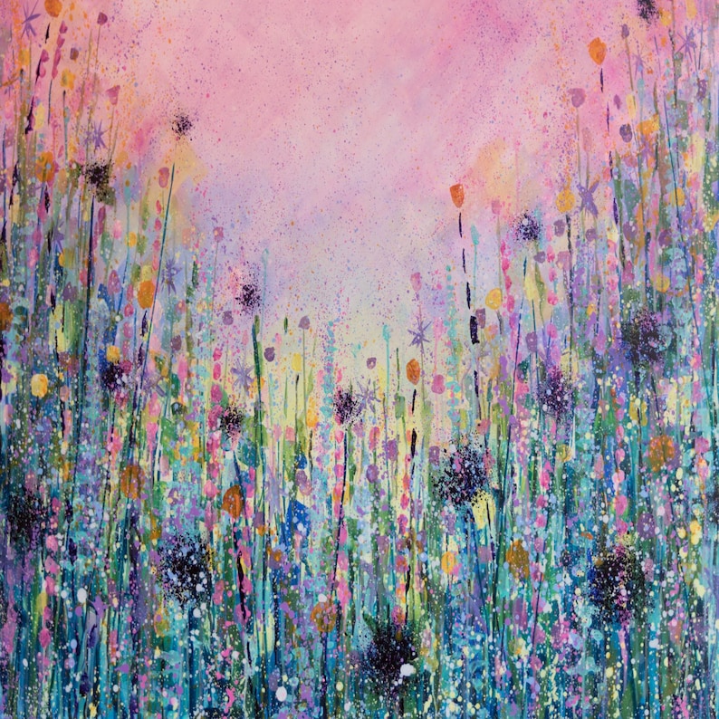 May include: Abstract painting of a field of wildflowers in shades of pink, purple, blue, and green. The background is a soft pink.