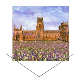 Catedral de Durham com flores Cartão de felicitações - Nordeste da Inglaterra - Cartão de nota em branco - Cartão de aniversário - Presente de arte original - Cartão de arte do norte