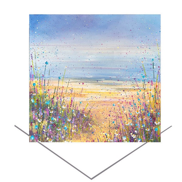 Aller à la plage carte de vœux d’art original - Seaside Sunshine - Carte d’anniversaire - Cadeau d’art original - Carte de note vierge Northumberland Royaume-Uni