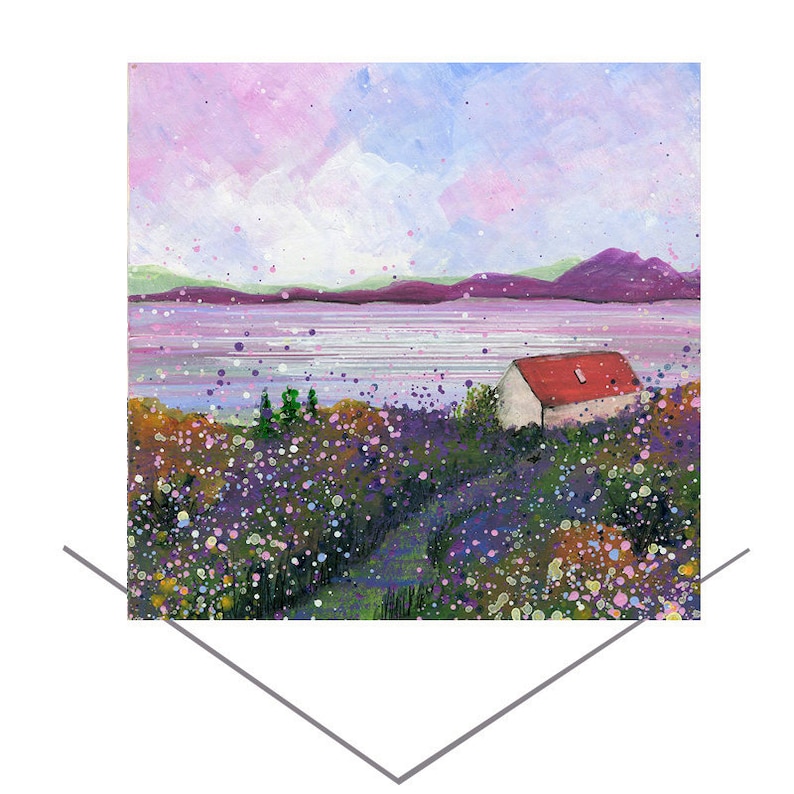 May include: A painting of a small white house with a red roof, nestled in a field of purple flowers. The house is situated on a hill overlooking a body of water with a purple sky and white clouds in the background.