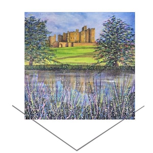 Carte de voeux d'été du château d'Alnwick - Carte de fleurs colorées Northumberland - Carte d'anniversaire - Carte d'anniversaire - Carte d'art estival