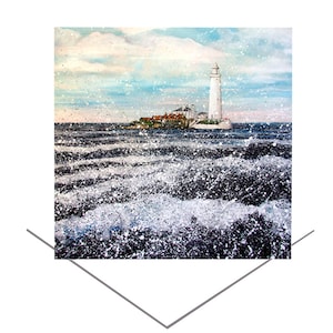 St Mary's Lighthouse Withley Bay Grußkarte-North East England-Original Art Grußkarte-Original Kunst Geschenk Blanko Note Karte-Wellen Karte