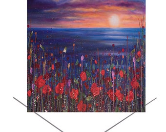 May include: A painting depicting a sunset over a field of red poppies with a blue ocean in the background.