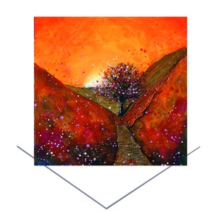 Cartão de felicitações Sycamore Gap Autumn - Arte original - Northumberland - Cartão em branco - Cartão de aniversário - Presente de arte original - Cartão de pôr do sol - Cartão de árvore icônico