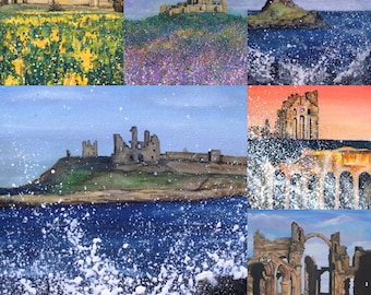 May include: A collage of nine paintings depicting a castle on a rocky island with crashing waves. The castle is shown in different seasons and weather conditions, including a sunny day, a stormy day, and a day with flowers blooming.