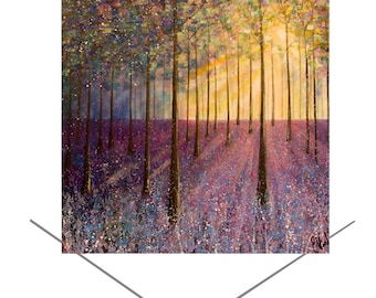 Bluebell Woods Greetings Card-Bright Colourful Woodland-Birthday Card-Sunshine Art Card-Blank Note Card-Bluebells-Cheerful Nature Art Card-