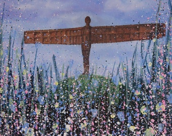 Angel of the North Mounted A4 Size Print - Cream Mount Ready for Framing - Signed Mini Print- Gateshead North East of England - Wild Flowers