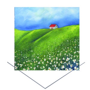Maison de campagne dans les marguerites - pré vert - carte d'anniversaire - oeuvre d'art originale - carte de correspondance vierge - scène de campagne - art de la nature