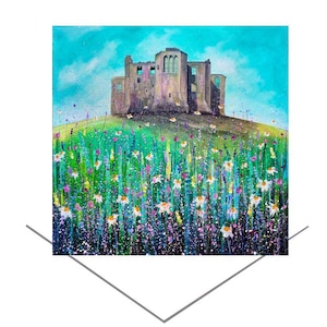 Château de Warkworth, carte de voeux d'été, carte de fleurs colorées Northumberland, carte de note, carte d'anniversaire, carte d'art couleur turquoise, carte château