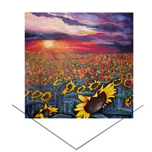 Carte de voeux soleil sur tournesols-carte champs de tournesol-ciel violet carte-carte d'anniversaire-carte cadeau beaux-arts-carte carte-carte ciel coucher de soleil