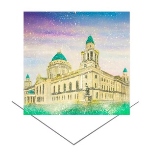 Belfast City Hall Greeting Card-Birthday Card-Original Art Gift Card-Anniversary Card-Cheerful Pastel Sky Art Card-Historic Art Gift Card