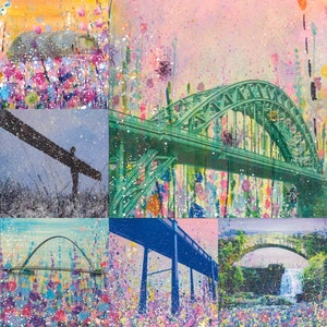 Paquete de 6 postales de Newcastle y Gateshead: Ángel del Norte, Puente del Milenio, Puente Tyne, Báltico, The Glasshouse, Jesmond Dene y Puente Armstrong