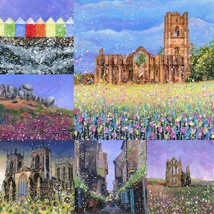 Lot de 6 cartes de voeux Yorkshire, cartes de voeux-fontaines Abbey-Whitby Abbey-York Minster-The Shambles-Scarborough Huts-Ilkley Moor-Art