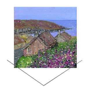 Isle of Lewis, Gearrannan Blackhouses-groetkaart-buiten-Hebriden kunstkaart-verjaardagskaart-Scottish Fine Art-Schotland kunstkaart