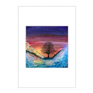 May include: A watercolor painting of a lone tree silhouetted against a colorful sunset in a snowy mountain valley. The sky is a deep purple with a gradient of pink, orange, and yellow. The mountains are covered in white snow and the valley is filled with a light blue and white snow.