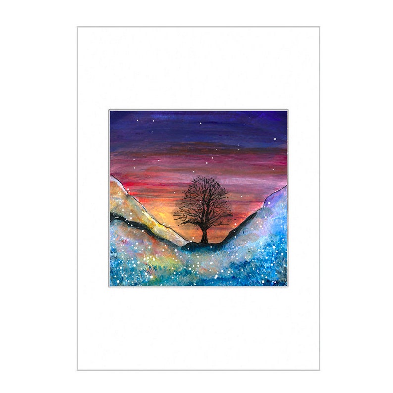 May include: A watercolor painting of a lone tree silhouetted against a colorful sunset in a snowy mountain valley. The sky is a deep purple with a gradient of pink, orange, and yellow. The mountains are covered in white snow and the valley is filled with a light blue and white snow.