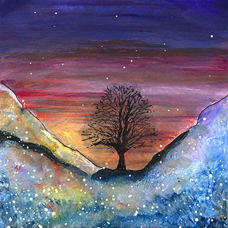 May include: A painting of a lone tree in a snowy valley with a purple, pink, and orange sunset in the background.