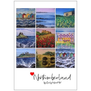 Poster Northumberland-Poster Art Print-Blyth BeachHuts-Farne Islands-Belsay Hall-Holy Island-Bamburgh Castle-The Diamond-Dunstanburgh Castle