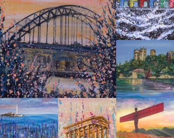 Six Pack of North East Greetings Cards-Handmade Greeting Cards-Tynebridge-Beach Huts-Durham Cathedral-Penshaw-St Marys Whitley Bay-Gateshead