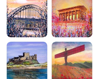 Coasters in a Box North East Coasters-Four Coasters-Set of CoastersTynebridge coaster-Gateshead coaster-Penshaw coaster-Bamburgh coaster