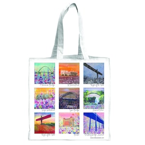 May include: A white tote bag featuring a colourful collage of Newcastle landmarks. The images include the Millennium Bridge, St James' Park, the Angel of the North, the Sage Gateshead, the Tyne Bridge, Jesmond Dene, the Angel of the North, the Baltic Centre for Contemporary Art, and the Swing Bridge. The text "www.emilywardart.com" is printed on the bottom of the bag.