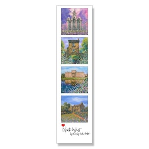 Puede incluir: Un marcapáginas rectangular con cuatro pinturas de acuarela de edificios. La pintura superior representa un gran edificio con una torre de reloj. La parte inferior del marcapáginas tiene el texto "North West by Emily Ward Art" con un corazón rojo.