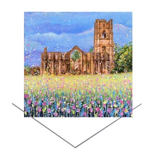 Abbaye de Fountains, Yorkshire-carte de voeux-ruines monastiques-fleurs colorées-carte d'anniversaire-carte de note vierge Ripon-carte pour occasion spéciale-