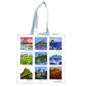 Northumberland Castles Canvas Tasche - 9 Bilder vom Original Kunstwerk-Lange Griffe-Bamburgh-Holy Island-Dunstanburgh-Tynemouth Priory-Alnwick