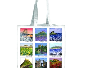 Northumberland Castles Canvas Bag- 9 Images from Original Artwork-Long Handles-Bamburgh-Holy Island-Dunstanburgh-Tynemouth Priory-Alnwick