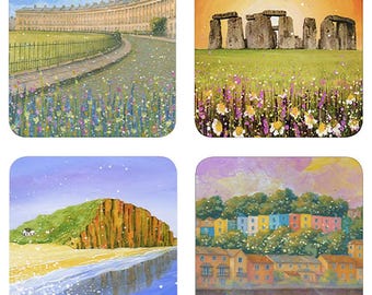 South West Coasters in a Box-Set of 4 Coasters- Royal Crescent, Bath- Stonehenge- West Bay, Dorset- Bristol, Cliftonwood Coloured Houses