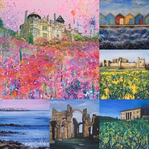 Paquete de 6 postales de Northumberland: cabañas de playa, Cragside, Belsay Hall, islas Farne, castillo de Alnwick, Priorato de Lindisfarne, postales artísticas, noreste
