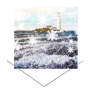Biglietto di Natale del faro di St Mary-Biglietto di Natale di Whitley Bay-Biglietto di Natale del nord-est-Arte natalizia-Biglietto di Natale-Biglietto di buon Natale