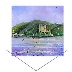 Cartão de felicitações feito à mão do Castelo de Eilean Donan - Kyle of Lochalsh, Escócia, cartão de aniversário - cartão de presente de arte original - cartão do castelo, cartão com vista para o lago
