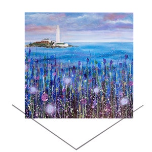 St Mary's vuurtoren in blauw wenskaart-kustkunst-Whitley Bay-Ocean Scene-lege notitiekaart-verjaardagskaart-originele kunst cadeau-kunstkaart