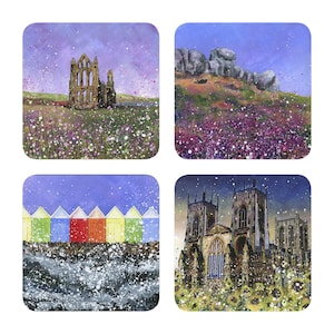 Yorkshire Coasters in a Box-Set of 4 Coasters-Whitby Abbey-Ilkley Moor-Scarborough Beach Huts-York Minster-FSC Rated Coaster-Locally Made