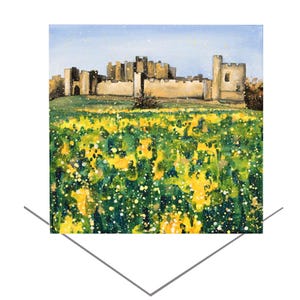 Carte de voeux du château d'Alnwick-Northumberland-Yellow Flowers Card-Blank Note Card-Anniversaire-Printemps Carte d'art