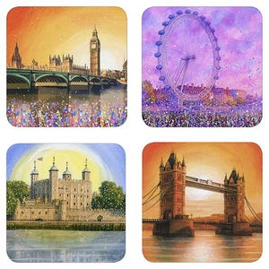 London Untersetzer in einem Box-Set mit 4 Untersetzern-Big Ben-London Eye-Tower of London-Tower Bridge