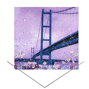 Humber Bridges Grußkarte-Hell Bunt-Geburtstagskarte-Original Kunst Geschenkkarte-Blanko Hinweis Karte-Humberside, North UK