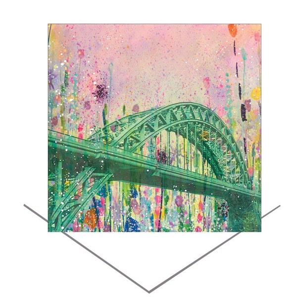 Tarjeta de felicitación con el puente Tyne y flores, puente de Newcastle, tarjeta de cumpleaños, regalo artístico, tarjeta con mensaje en blanco, monumentos del noreste, flores