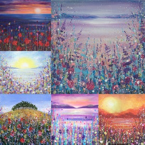 Pacote de 6 cartões comemorativos - Cenas de montanhas e flores - Papoulas - Montanhas - Colinas - Nascer do sol - Pôr do sol - Floral - Flor - Natureza - Arte original Cartão-presente