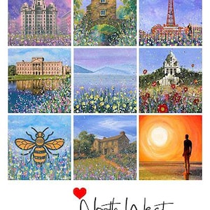 May include: A print featuring nine colorful paintings of North West England landmarks and scenes. The artwork includes a bee, buildings, and landscapes, with the words "North West" and "by Emily Ward Art" at the bottom.