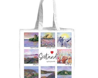 Bolsa de lona de Escocia - Imágenes escocesas de obras de arte originales - Asas largas - Escenas escocesas - Colorido brillante - Bolsa de mano ecológica - Bolsa de arte -
