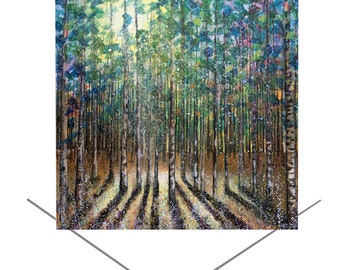 Trees Greetings Card-Forest Greetings Card-Birthday Card-Tree Art Card-Blank Note Card- Green Greetings Card-Woods-Sunlight-Nature Art Card