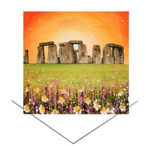 Stonehenge-wenskaart-verjaardagskaart-originele kunst cadeaukaart-jubileumkaart-Stone Circle Art-vrolijke kaart-Brits icoon kunst-oranje lucht