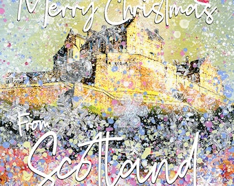 May include: A festive Christmas card with the text "Merry Christmas From Scotland." The image features a watercolor painting of a castle with colorful splatters and snowflake accents. A small Santa Claus is in the upper right corner.