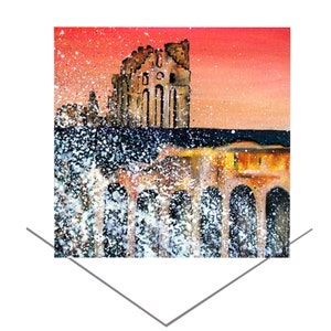 Tynemouth Priory und Schloss Grußkarte- Küstenkunst- Nordost-England- Blanko-Gruß-Karte-Geburtstags-Karte-Kunst-Geschenkkarte-