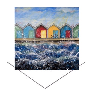 Strandhütten in der Sonne Grußkarte-Seaside Art Greetings Card-Geburtstagskarte-Blanko Hinweis Karte-Strand Chalets-Urlaub am Meer