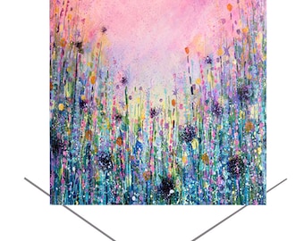 Prairie de fleurs carte de voeux - carte de ciel rose - carte de fleurs lumineuses-carte d&#39;anniversaire-occasion spéciale-art original carte-cadeau-Emily Ward-art nature-