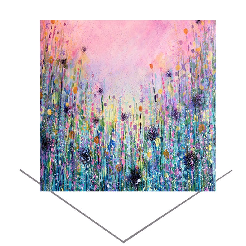 May include: A painting of a field of wildflowers in shades of pink, purple, blue, and green. The flowers are arranged in a random pattern, and the background is a soft pink.