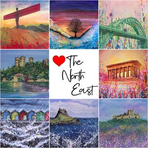 Carte de voeux Love The North East, vierge pour toutes les occasions, carte d'anniversaire, carte de Newcastle upon Tyne, Gateshead, Northumberland, beaux-arts, lumineuse